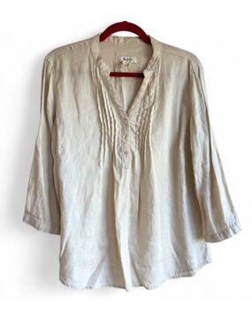 Malvin I Love Linen Pintuck Lace Trim Roll Tab Sleeve Shirt Size L